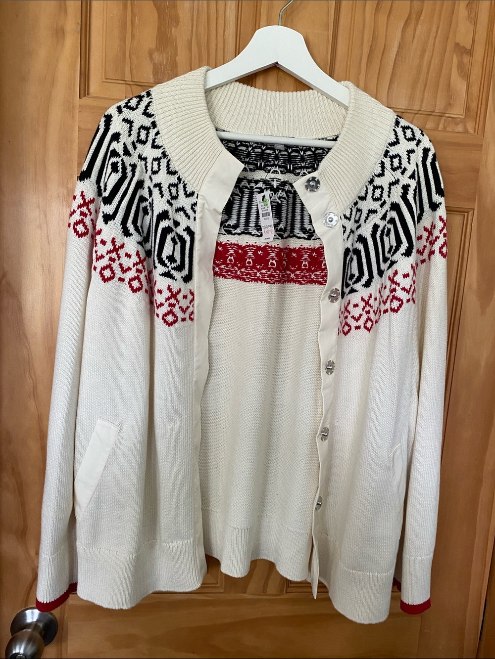 Talbots Cream Fair Isle Cardigan with Black and Red Accents